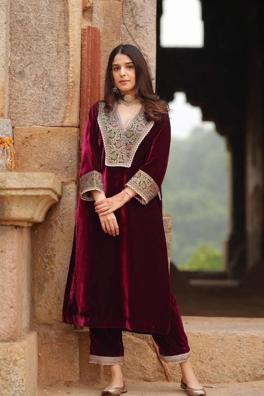Maroon Velvet Lace Suit Set