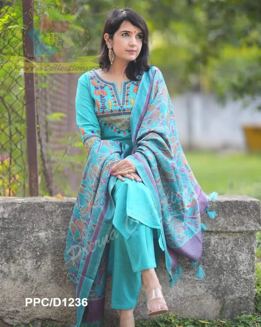 Elegant Blue Cotton Embroidered Kurta Set with Khaddar Silk Dupatta