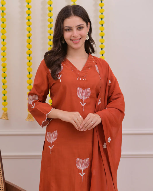 Rust Bloom Threaded Floral Printed Kurta Set with Dupatta