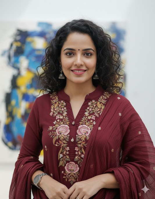 Premium Maroon Pure Cotton Embroidered Suit Set