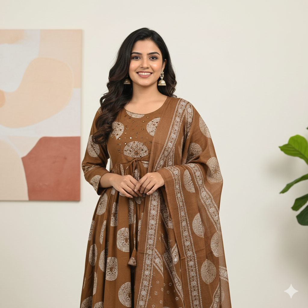 Cocoa Brown Mirror Work Anarkali Set