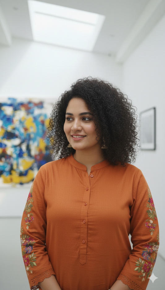 Cotton Rust Embroidered Kurti With Pant