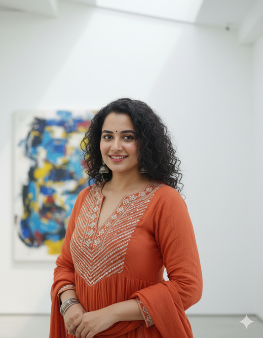 Elegant Rust Orange Anarkali Suit with Embroidered Detailing