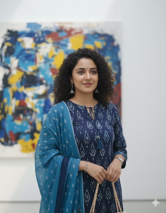 Premium Elegant Indigo Ikat Kurti Set