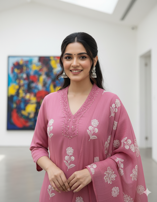 Rose Pink Floral Embroidered Kurti Set