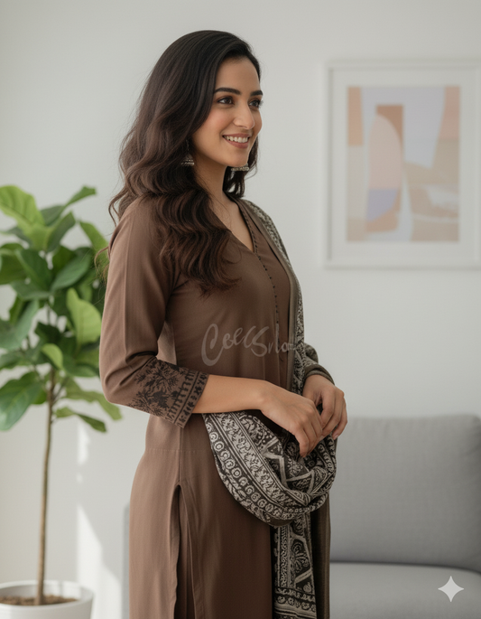 Elegant Brown Kurta Set with Printed Dupatta