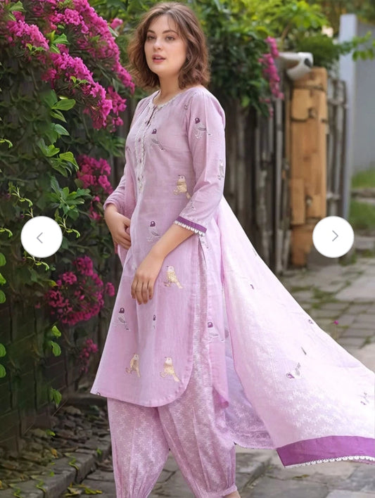 Jaipur Kurta Lavender Bird Motif Cotton Kurti Set