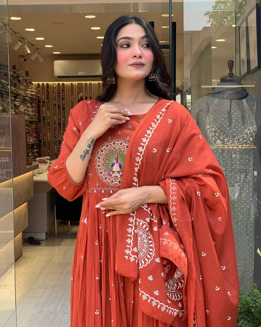 Jaipur Kurta Terracotta Mirror Work Anarkali Set