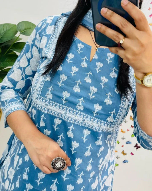 Elegant Sky Blue Floral Printed Cotton Suit Set