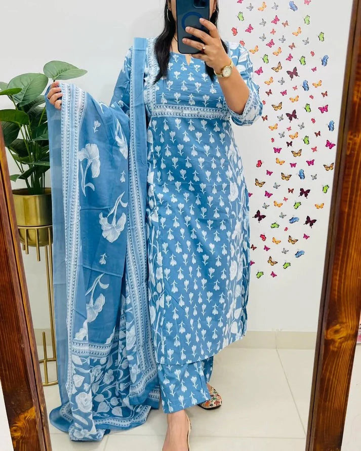 Elegant Sky Blue Floral Printed Cotton Suit Set