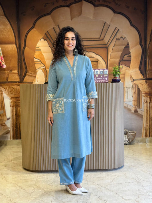 Jaipur Kurta Elegant Sky Blue Embroidered Cotton Kurta Set