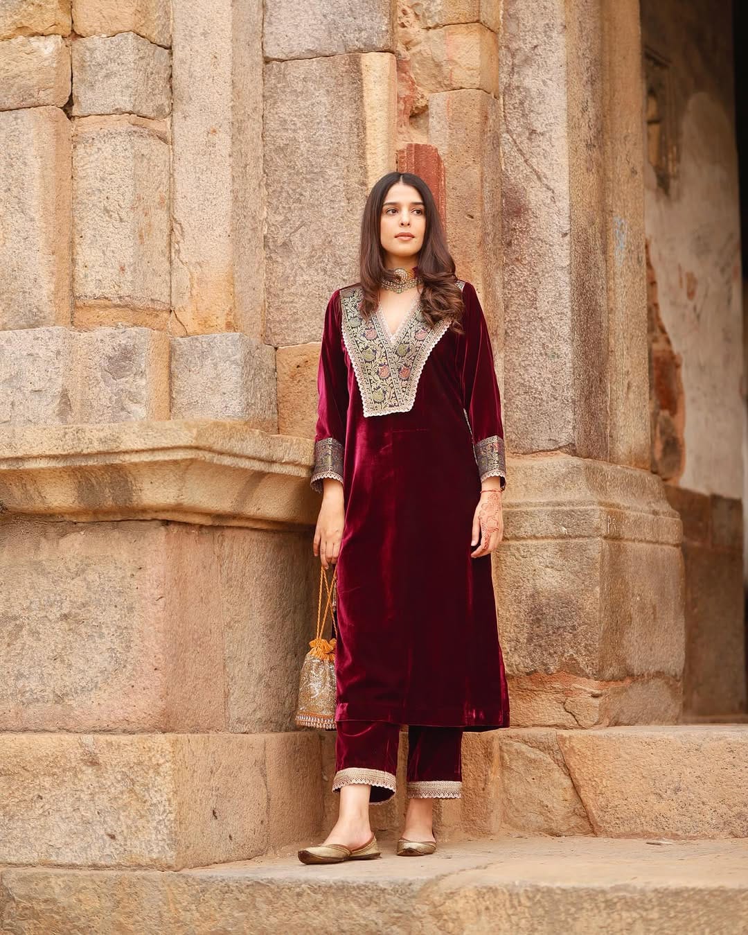 Maroon Velvet Lace Suit Set