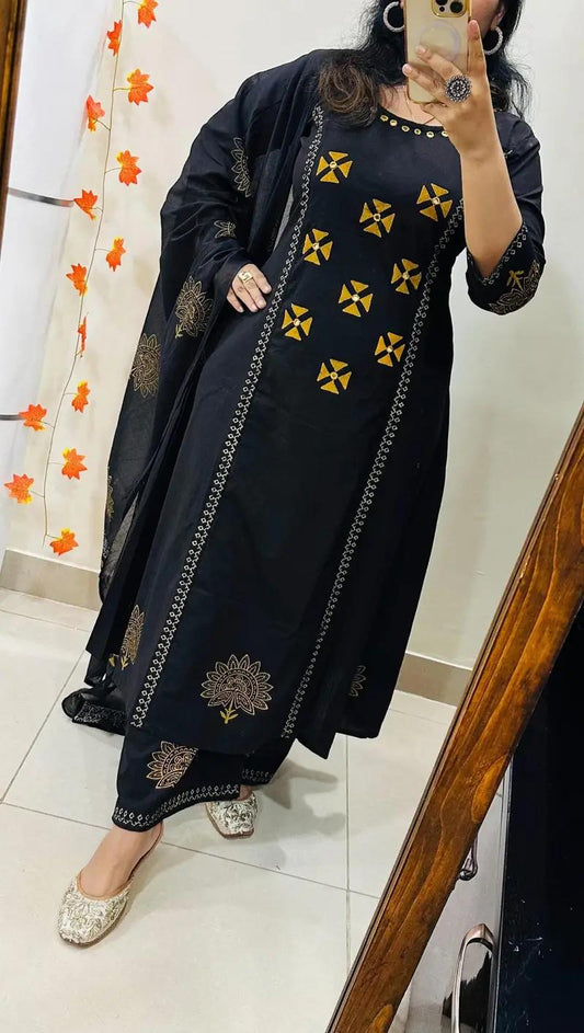 Women’s Black Cotton Printed Kurta Pant Set with Dupatta