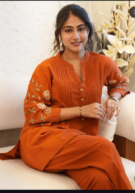 Premium Elegant Rust Orange Kurta Set With Floral Embroidery