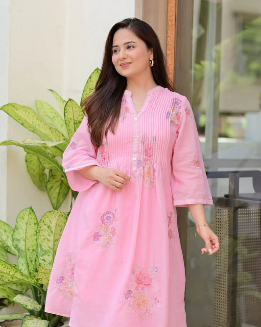 Jaipur Premium Blush Pink Floral Embroidered A-Line Kurta