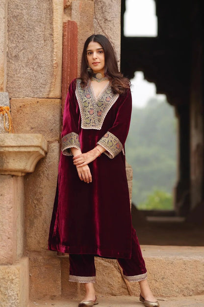 Maroon Velvet Lace Suit Set