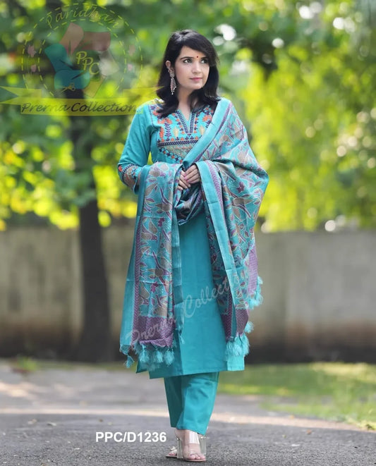 Elegant Blue Cotton Embroidered Kurta Set with Khaddar Silk Dupatta