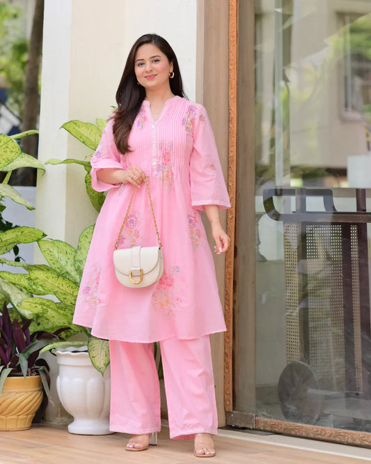 Premium Blush Pink Floral Embroidered A-Line Kurta