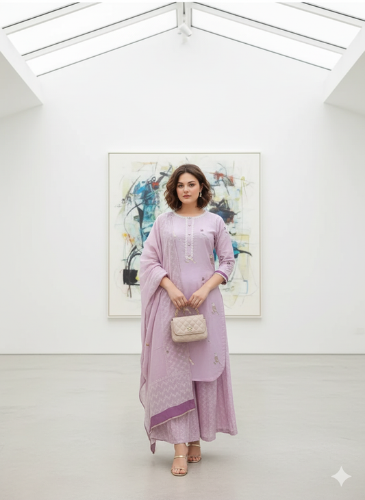 Lavender Bird Motif Cotton Kurti Set