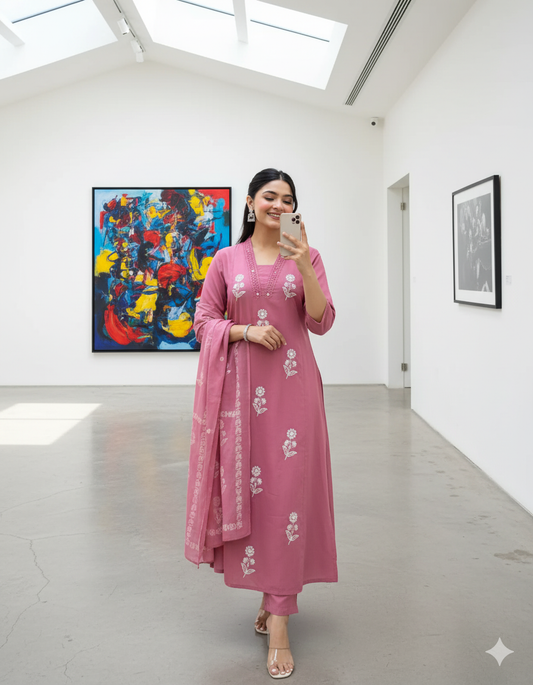 Rose Pink Floral Embroidered Kurti Set