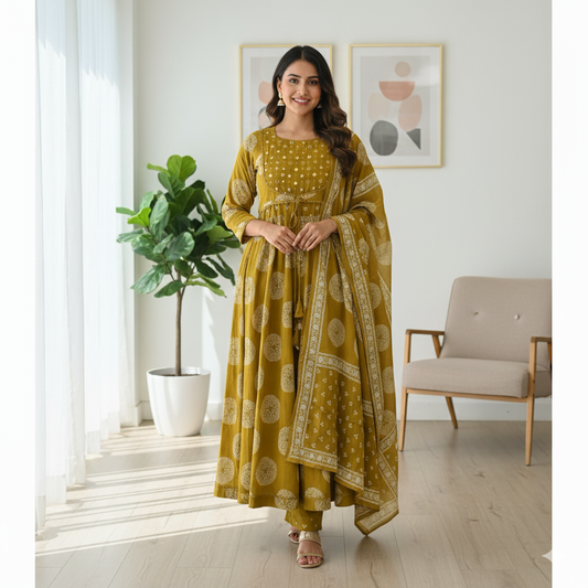 Mustard Yellow Mirror Work Anarkali Set