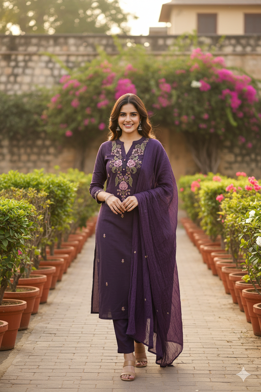 Premium Pure Cotton Purple Embroidery Work Suit Set