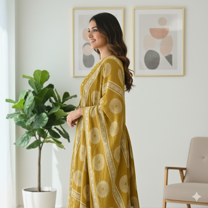 Mustard Yellow Mirror Work Anarkali Set