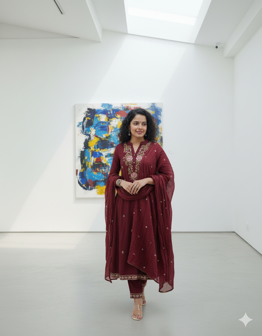 Premium Maroon Pure Cotton Embroidered Suit Set