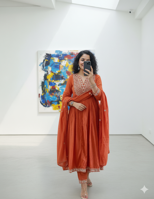 Elegant Rust Orange Anarkali Suit with Embroidered Detailing