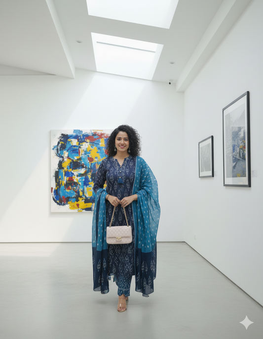 Premium Elegant Indigo Ikat Kurti Set