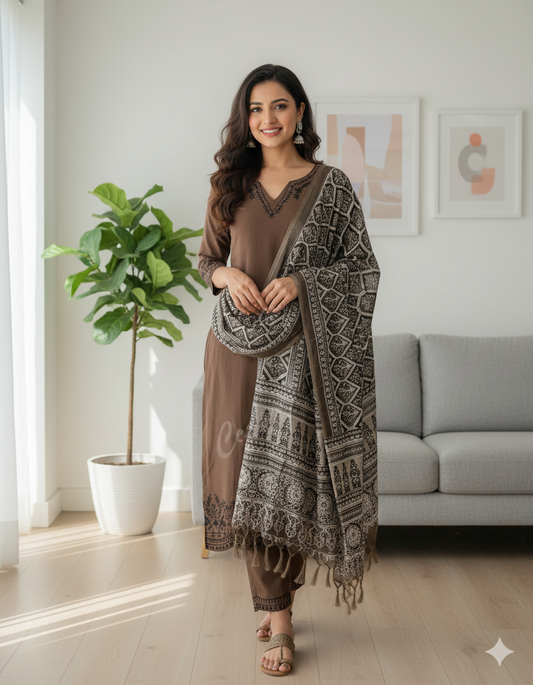 Elegant Brown Kurta Set with Printed Dupatta