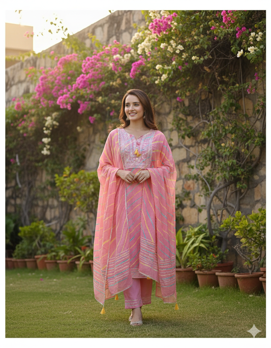 Pink Leheriya Cotton Blend Embroidered Suit Set For Women