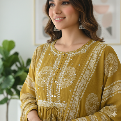 Mustard Yellow Mirror Work Anarkali Set