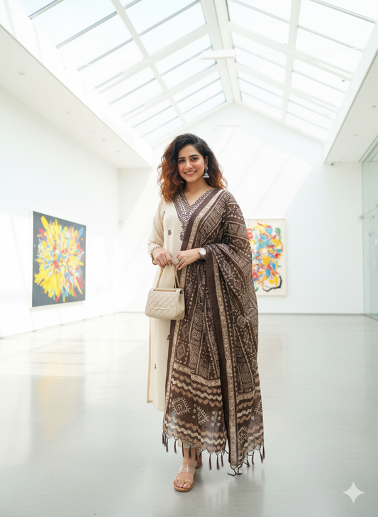 Beige Printed Khadi Cotton Kurta Set