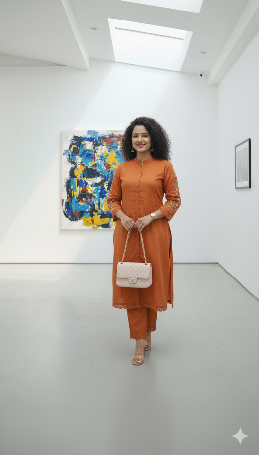 Cotton Rust Embroidered Kurti With Pant