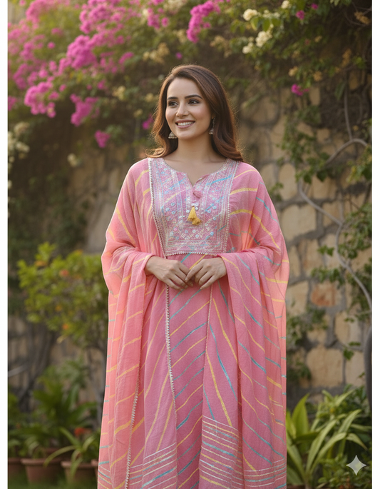 Pink Leheriya Cotton Blend Embroidered Suit Set For Women