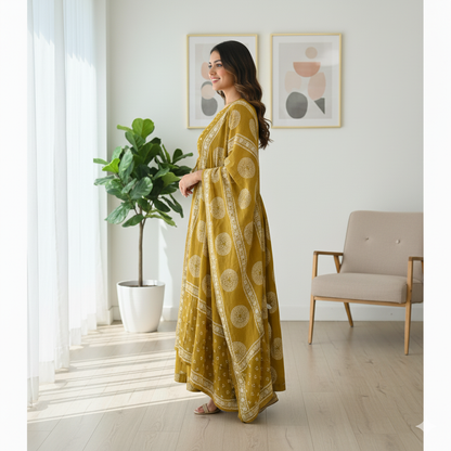 Mustard Yellow Mirror Work Anarkali Set