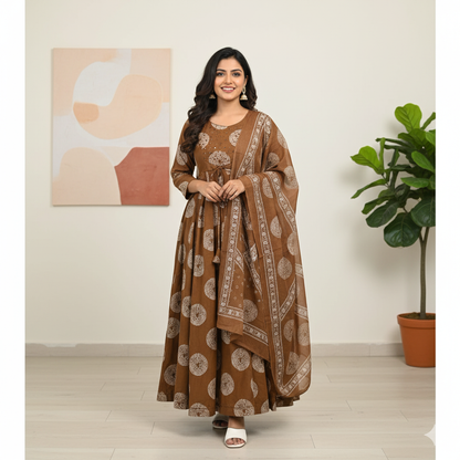 Cocoa Brown Mirror Work Anarkali Set