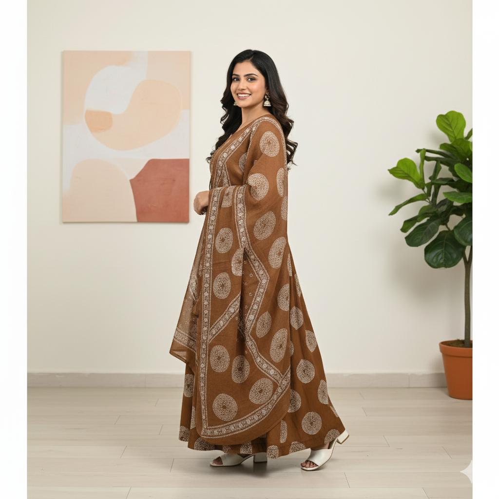 Cocoa Brown Mirror Work Anarkali Set