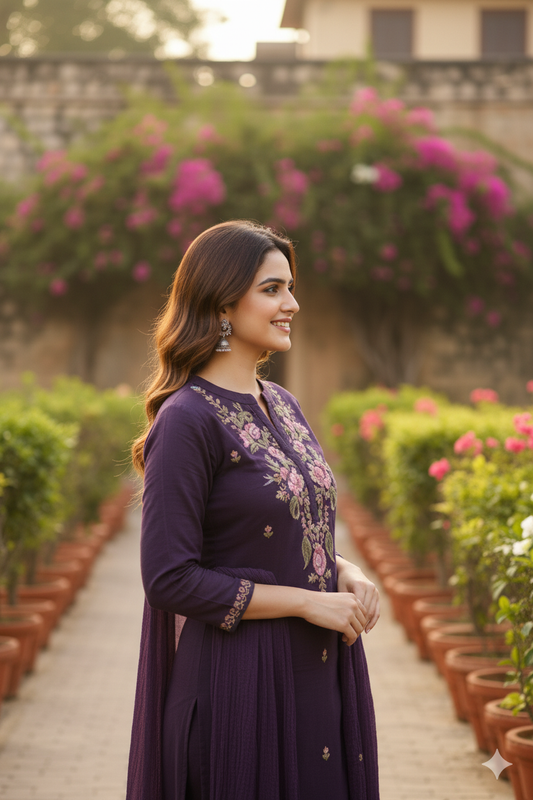 Premium Pure Cotton Purple Embroidery Work Suit Set