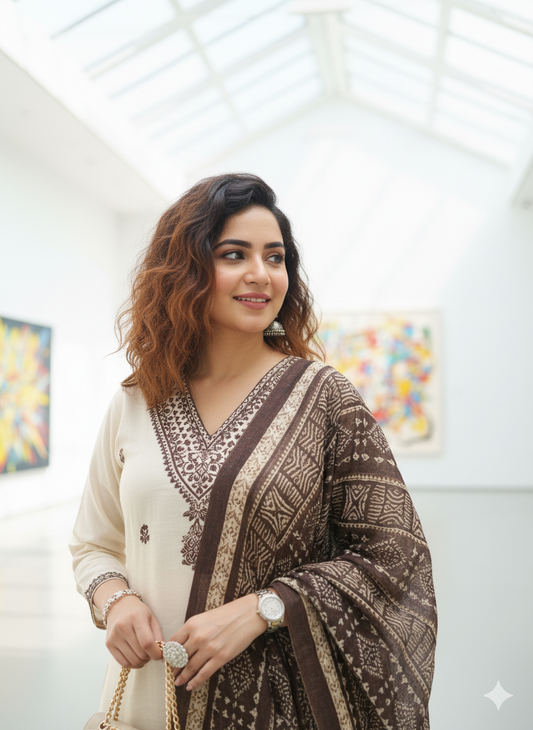 Beige Printed Khadi Cotton Kurta Set