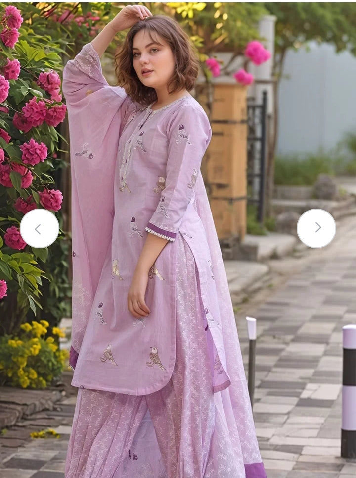 Jaipur Kurta Lavender Bird Motif Cotton Kurti Set