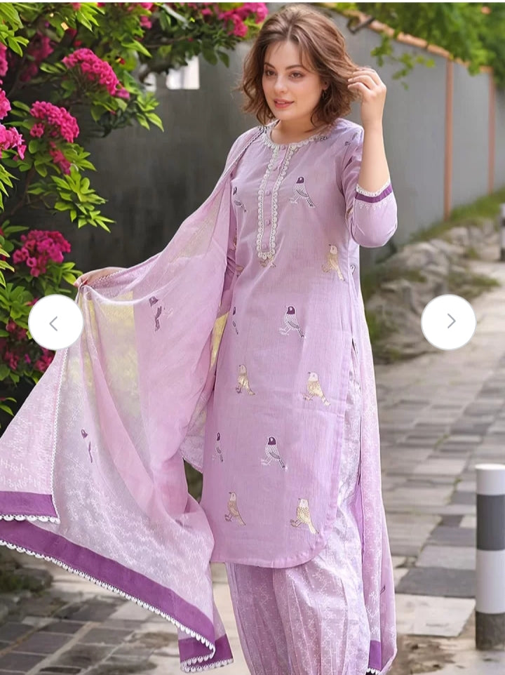 Jaipur Kurta Lavender Bird Motif Cotton Kurti Set