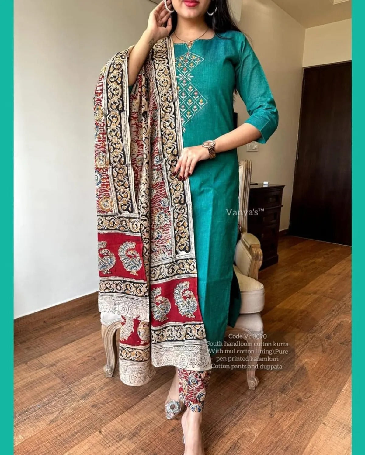 Elegant Teal South Handloom Cotton Kurta Set