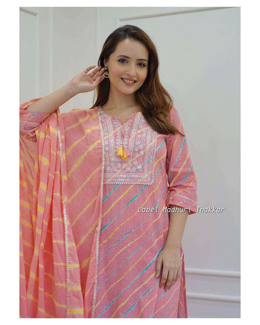 Pink Leheriya Cotton Blend Embroidered Suit Set For Women