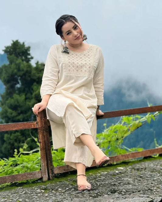Grace In Ivory: Minimalist Elegance Kurti Set