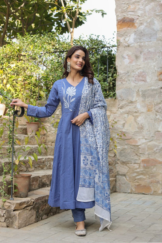 Premium  Blue Cotton Anarkali Set Women Suit