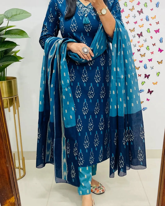 Jaipur Premium Elegant Indigo Ikat Kurti Set