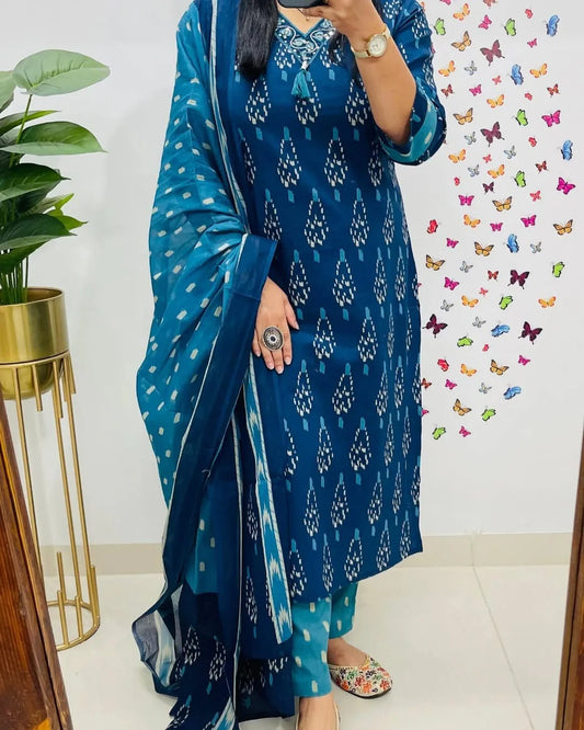 Jaipur Premium Elegant Indigo Ikat Kurti Set