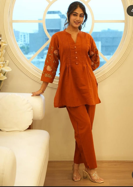 Premium Elegant Rust Orange Kurta Set With Floral Embroidery